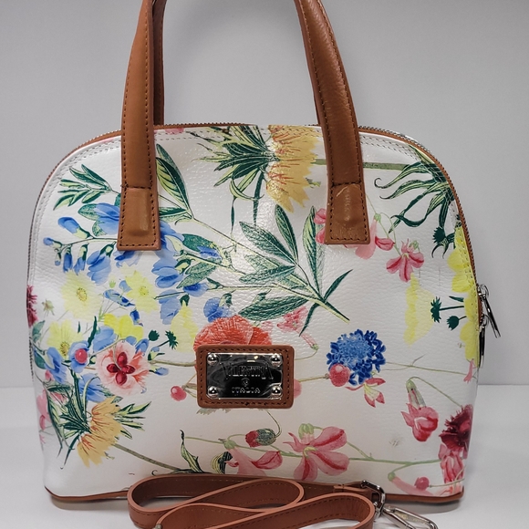 Valentina White and Brown Satchel with Floral Print - Picture 1 of 12